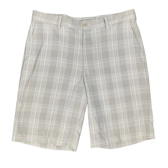 Izod Golf Shorts Mens 34 Stone Plaid Flat Front High Rise Quick Dry Performance - Picture 1 of 11